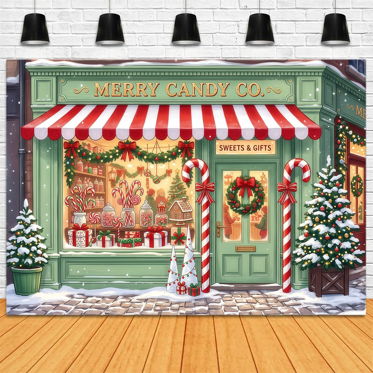 Christmas Candy Cane Backdrop Mint Green Candy Shopfront Merry Christmas Backdrop UK RR610-100