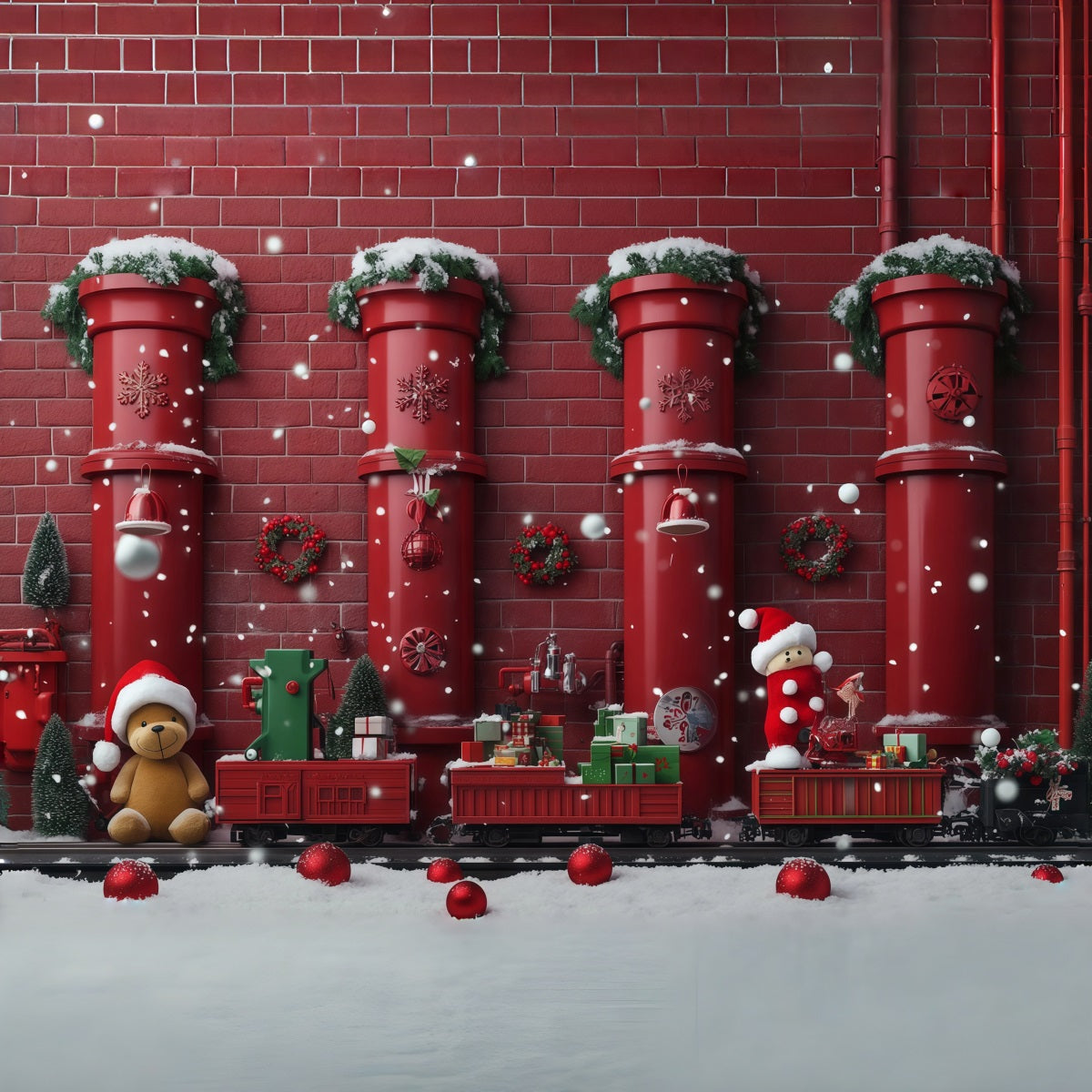 Christmas Backdrop Red Pipe Toy Train Christmas Backdrops Photography UK RR610-102