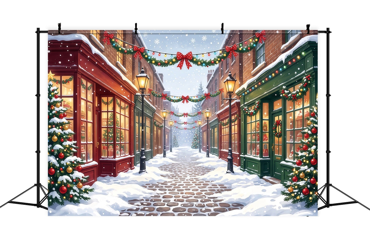 Christmas Village Backdrops Snowy Decorated Shopping Street Christmas Street Backdrop UK RR610-103