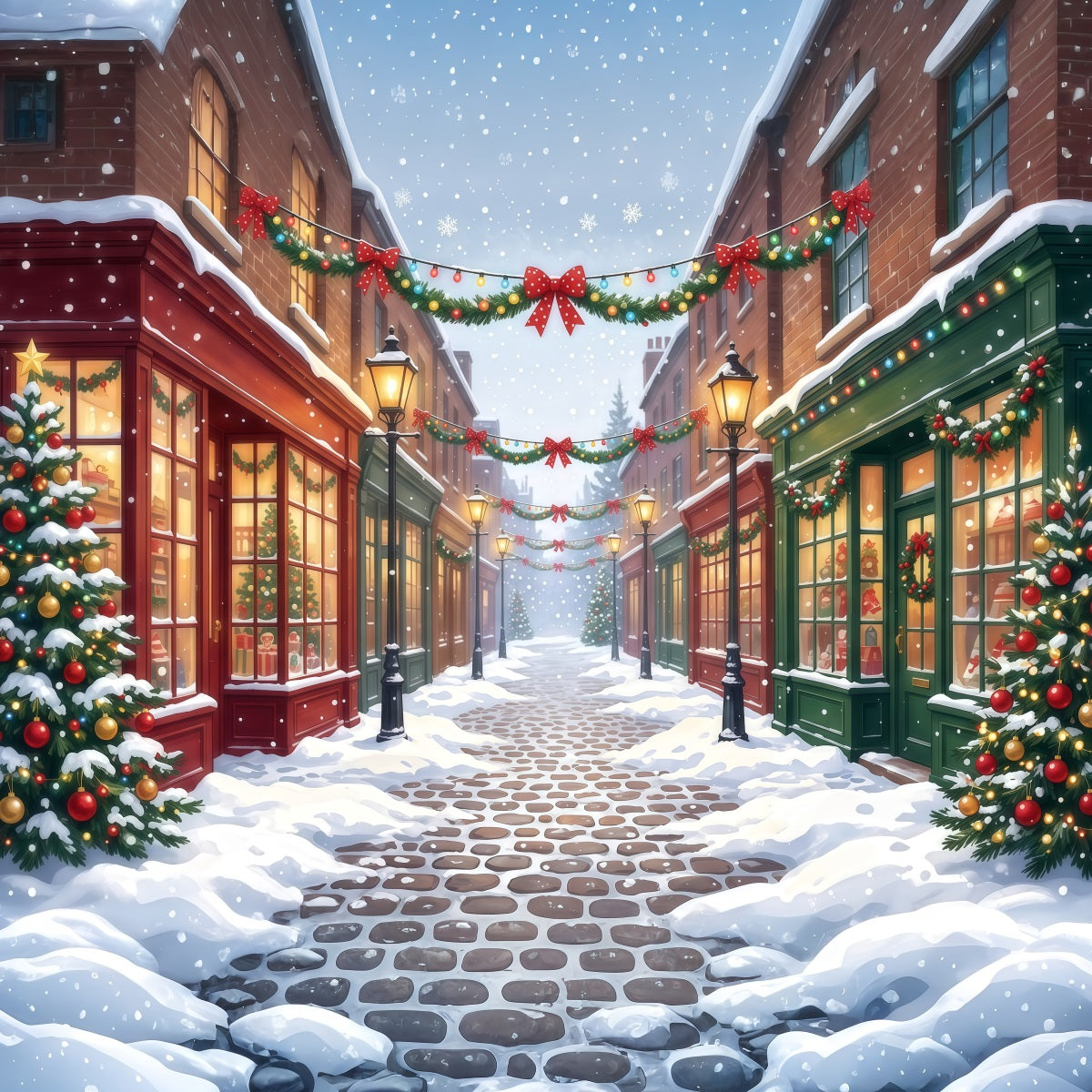 Christmas Village Backdrops Snowy Decorated Shopping Street Christmas Street Backdrop UK RR610-103