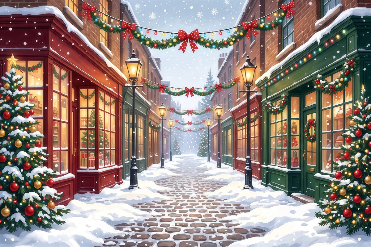 Christmas Village Backdrops Snowy Decorated Shopping Street Christmas Street Backdrop UK RR610-103