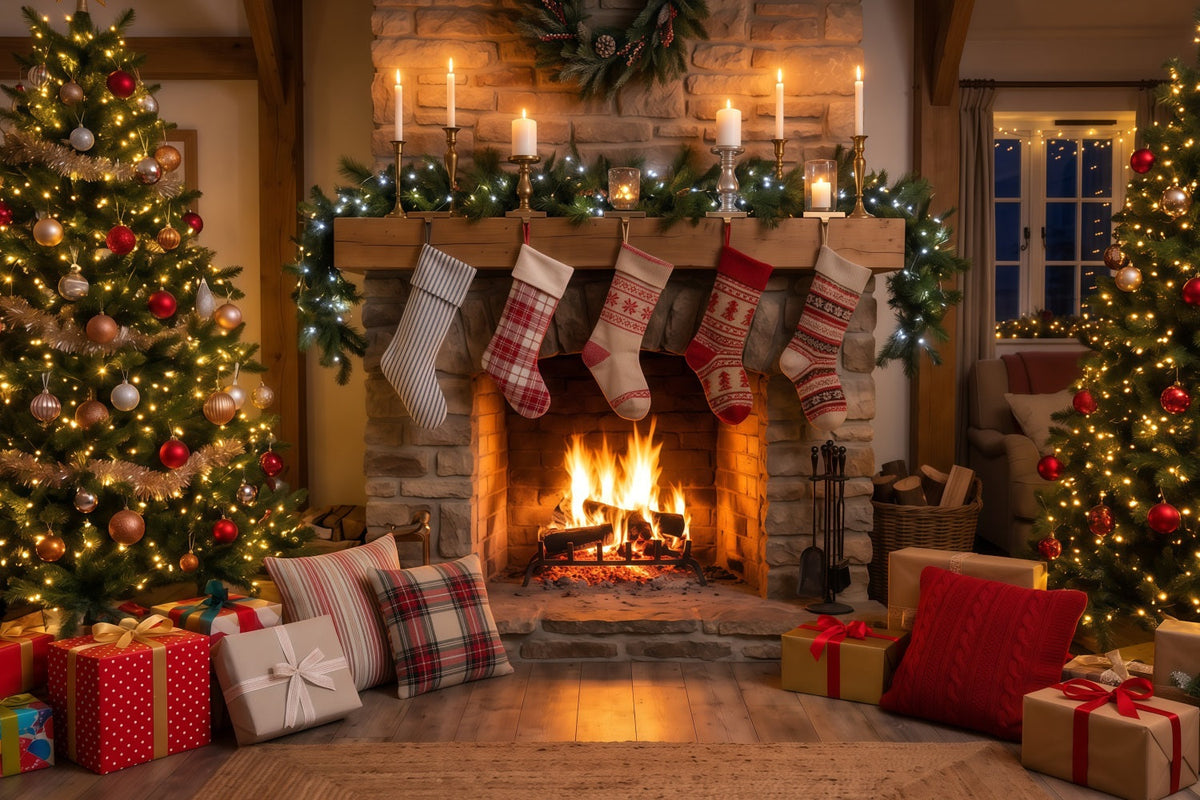 Christmas Fireplace Backdrop Rustic Hanging Stockings Christmas Backdrop for Photography UK RR610-104