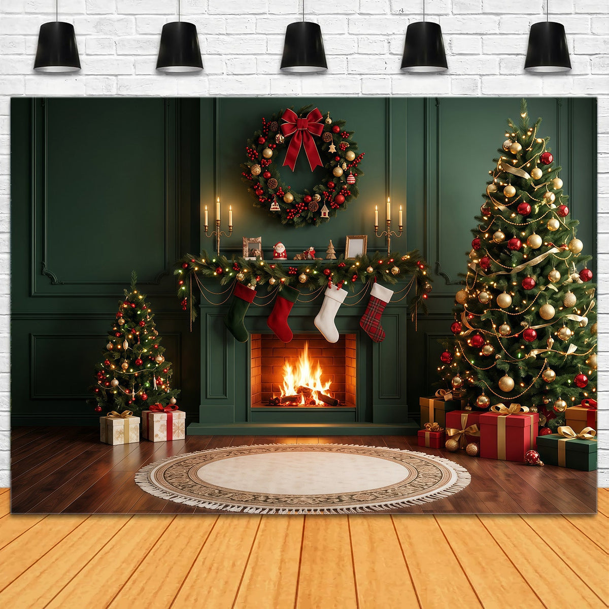 Christmas Fireplace Backdrops Evergreen Stockings Wreath Christmas Scene Backdrop UK RR610-110