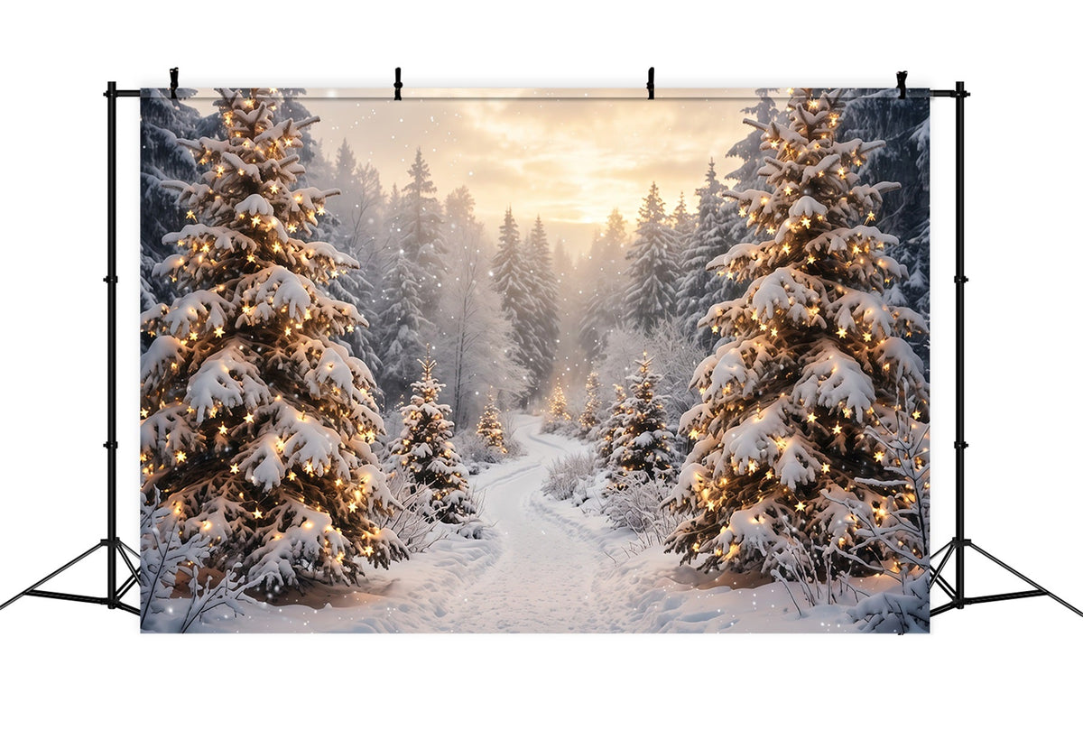 Christmas Tree Forest Backdrop Golden Light Snowy Trees Christmas Party Photo Backdrop UK RR610-117