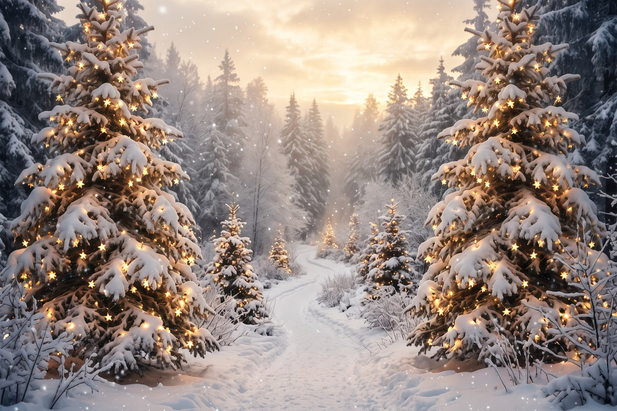 Christmas Tree Forest Backdrop Golden Light Snowy Trees Christmas Party Photo Backdrop UK RR610-117