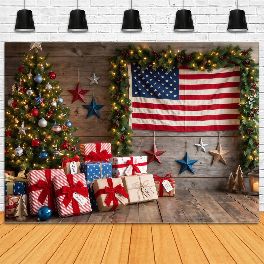 Country Christmas Backdrop Patriotic Flag Gift Christmas Tree Photography Backdrop UK RR610-118