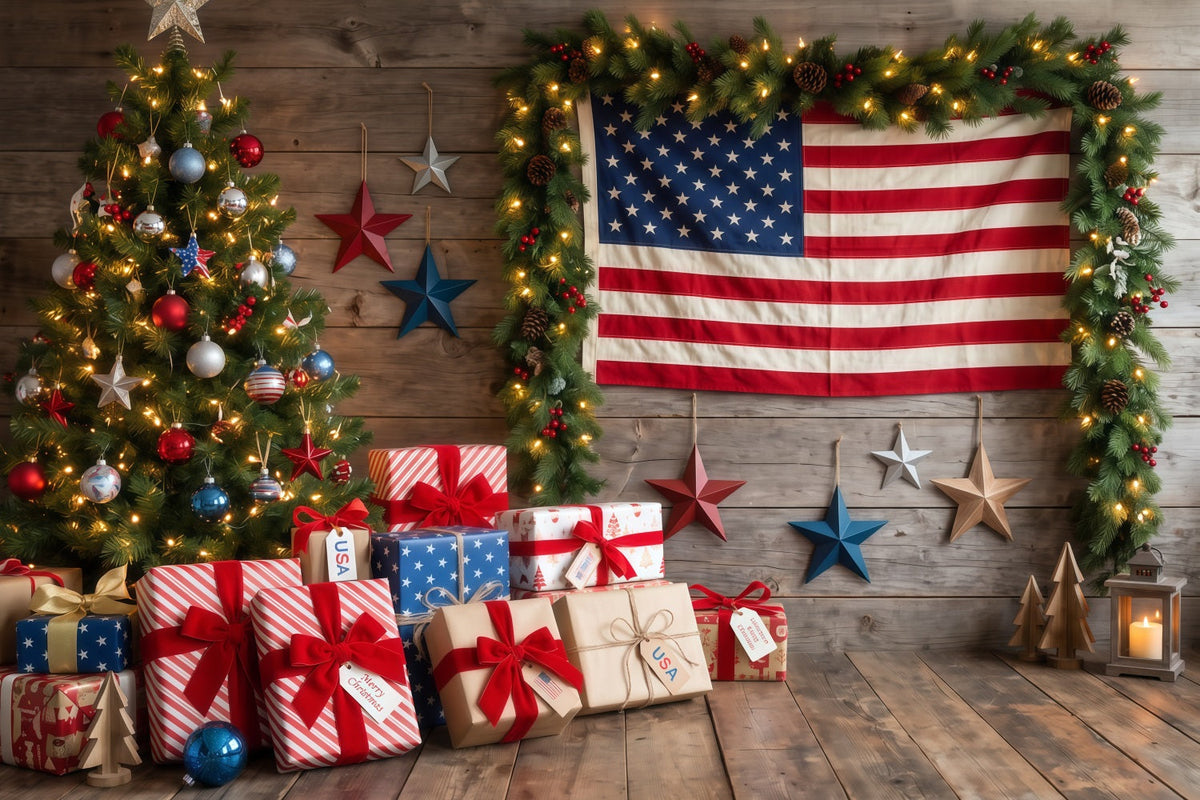 Country Christmas Backdrop Patriotic Flag Gift Christmas Tree Photography Backdrop UK RR610-118