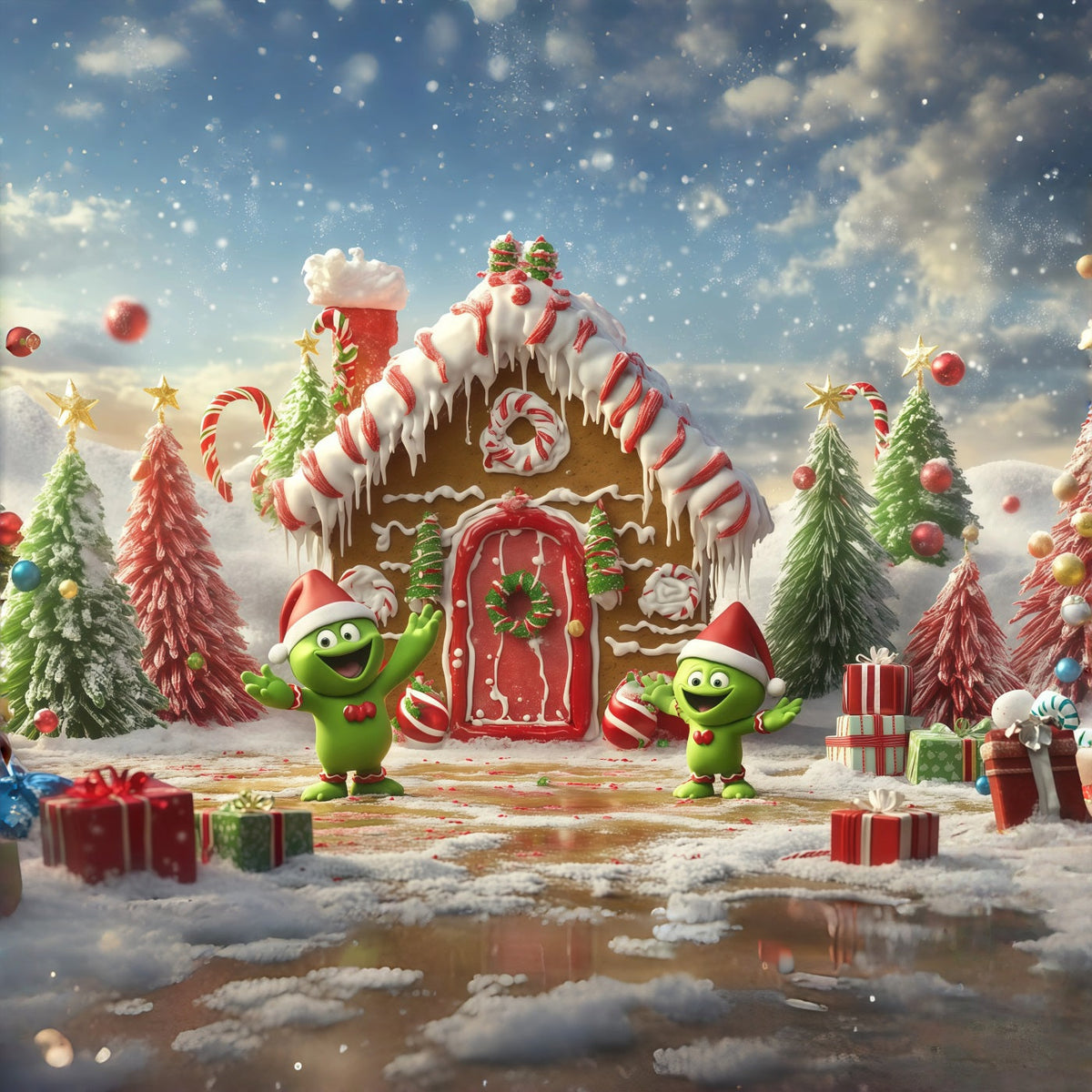 Grinch Backdrop Gingerbread Cottage Candy Characters Christmas Backdrops for Pictures UK RR610-120