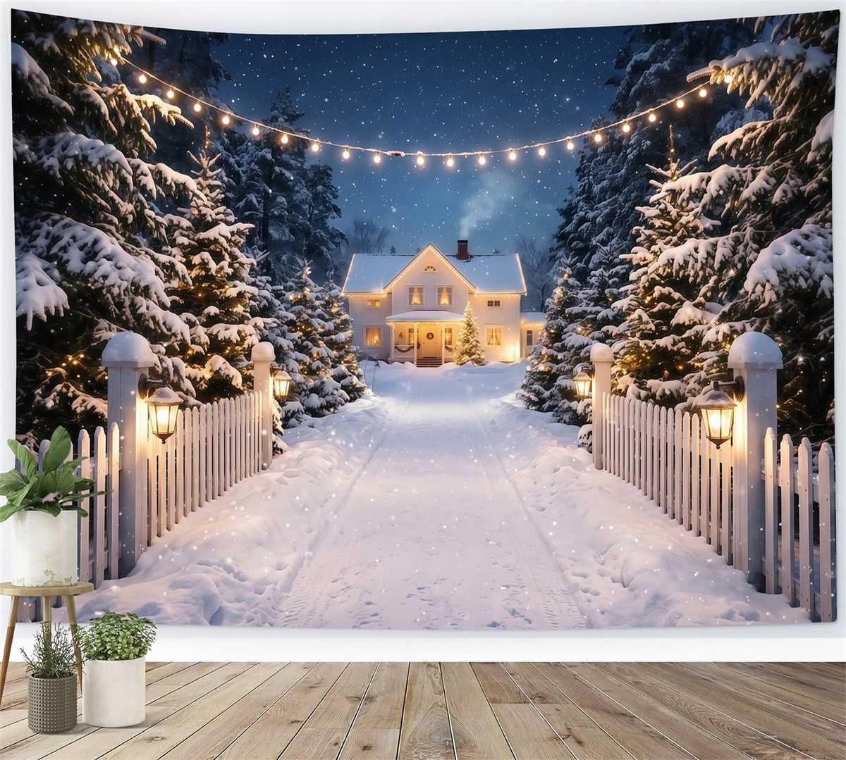 Christmas Lights Photo Backdrop Snowy White House Driveway Christmas Photobooth Backdrop UK RR610-122