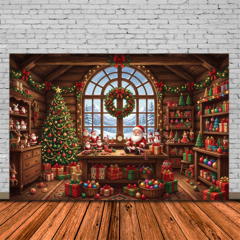 Santa Backdrop Rustic Toy Workshop Interior Christmas Backdrop for Party UK RR610-129