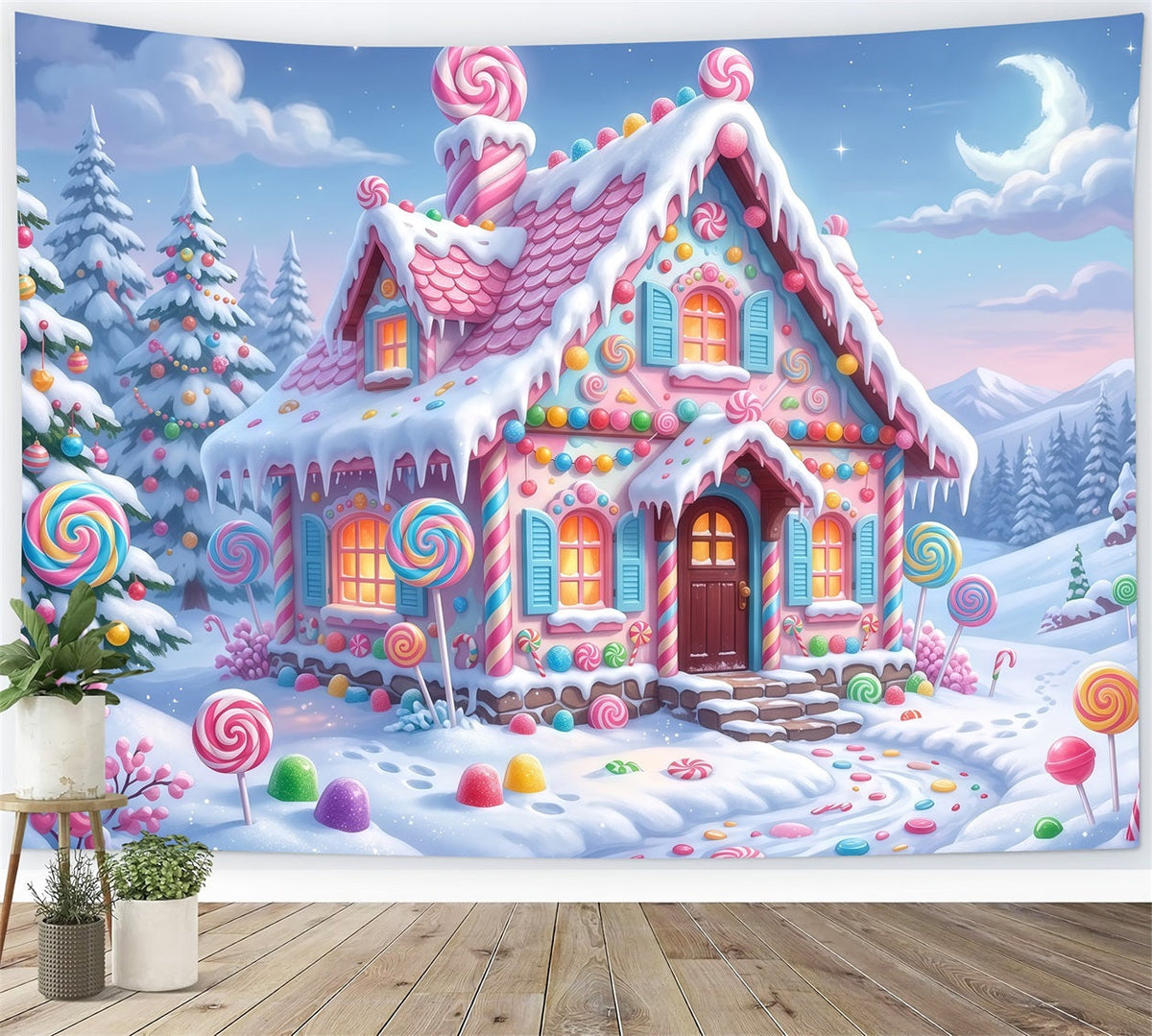 Gingerbread House Backdrop Snow Pastel Candy Cottage Christmas Wall Backdrops UK RR610-133