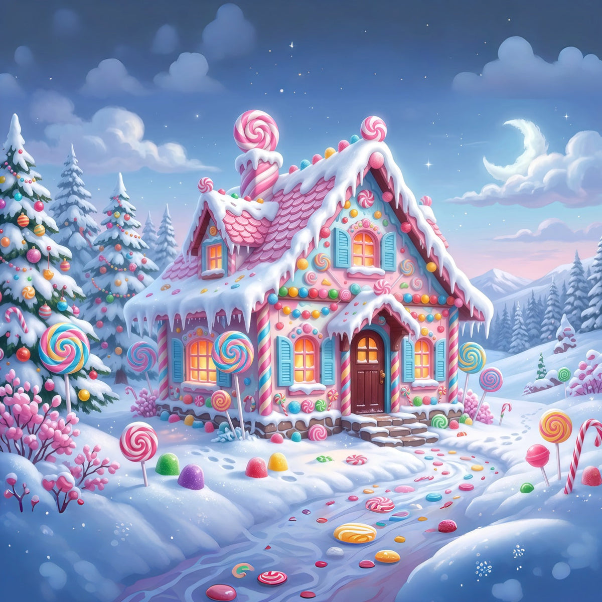 Gingerbread House Backdrop Snow Pastel Candy Cottage Christmas Wall Backdrops UK RR610-133