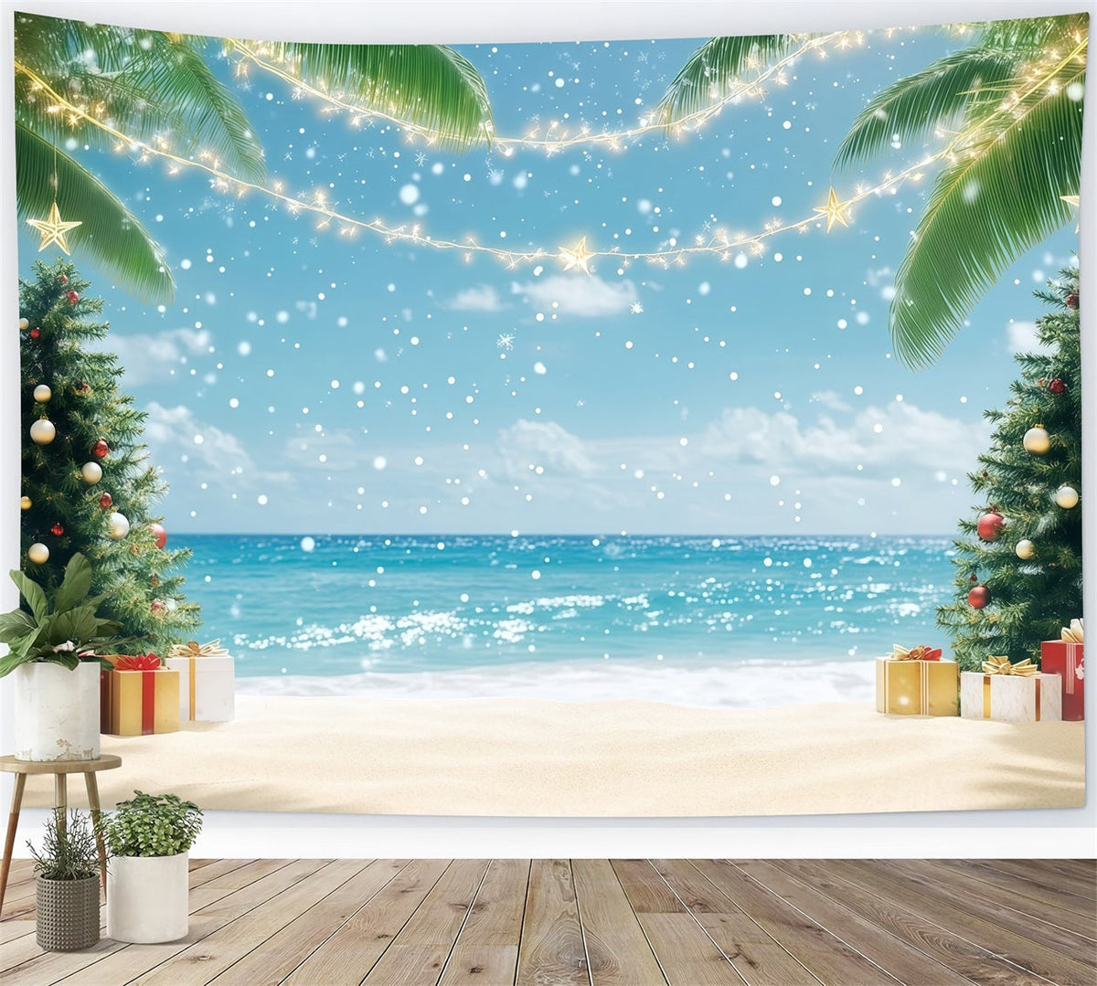 Tropical Christmas Backdrop Tropical Beach Holiday Palms Christmas in July Photo Backdrop UK RR610-137