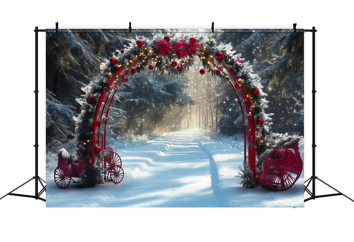 Snowy Christmas Backdrop Red Archway Snowy Carriages Christmas Studio Backdrop UK RR610-138