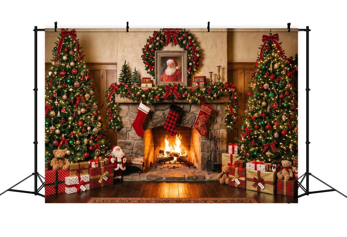 Santa Photo Backdrop Rustic Fireplace Stocking Display Christmas Villa