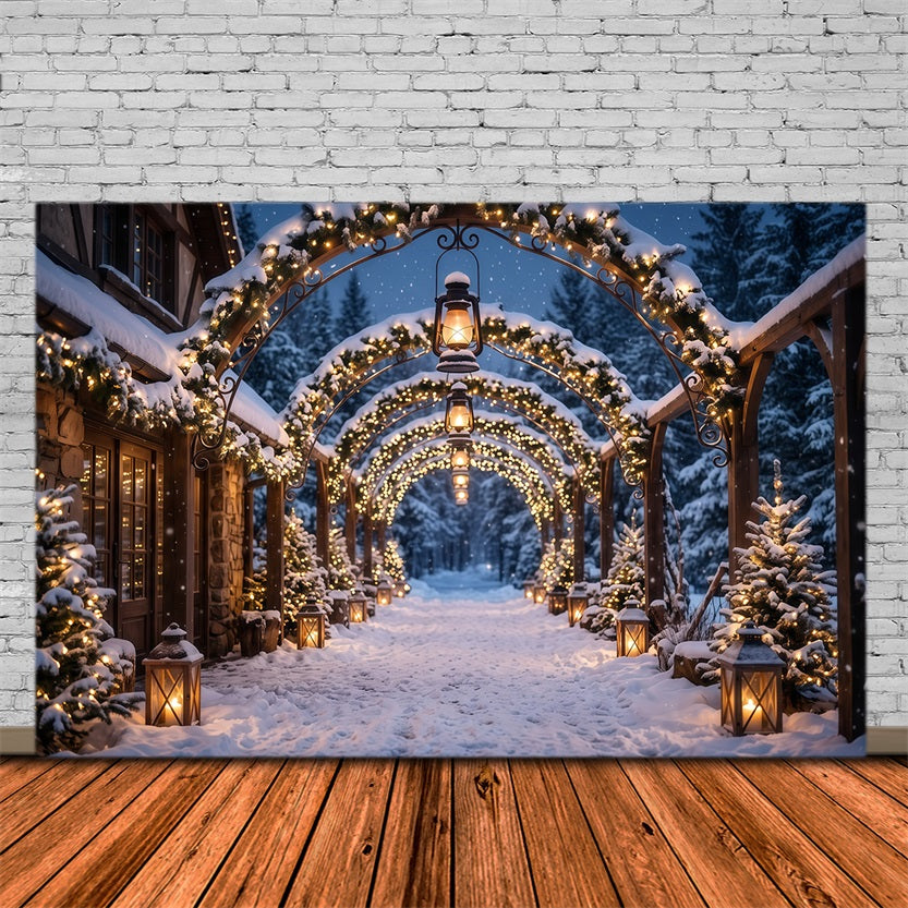 Christmas Arch Backdrop Glowing Lantern Snowy Archway Xmas Photo Backdrops UK RR610-145