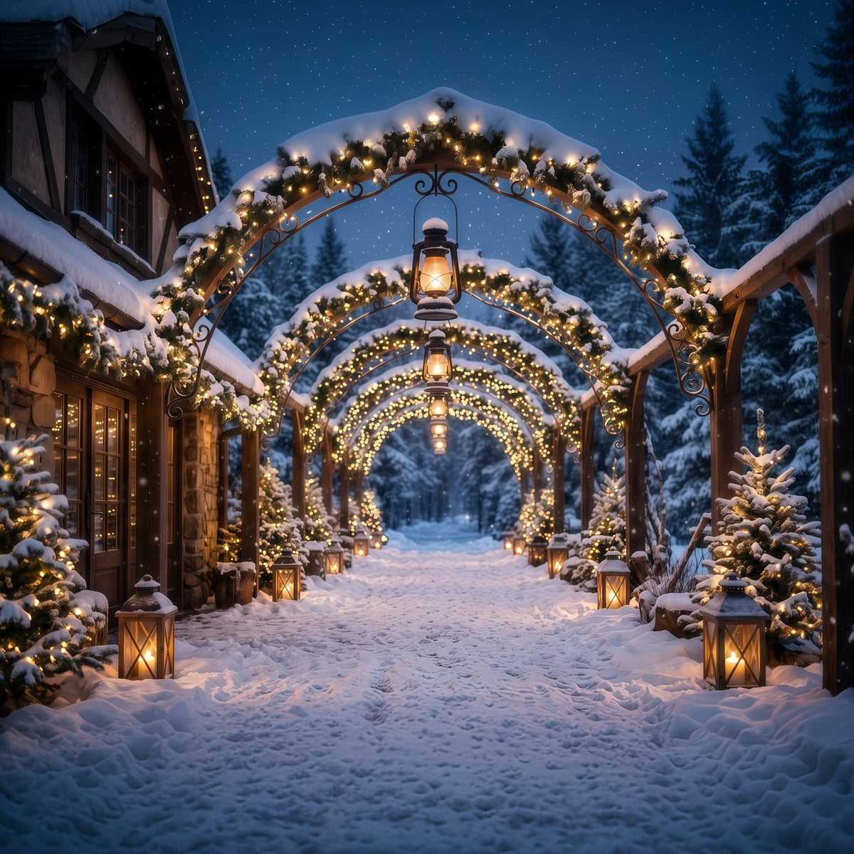 Christmas Arch Backdrop Glowing Lantern Snowy Archway Xmas Photo Backdrops UK RR610-145