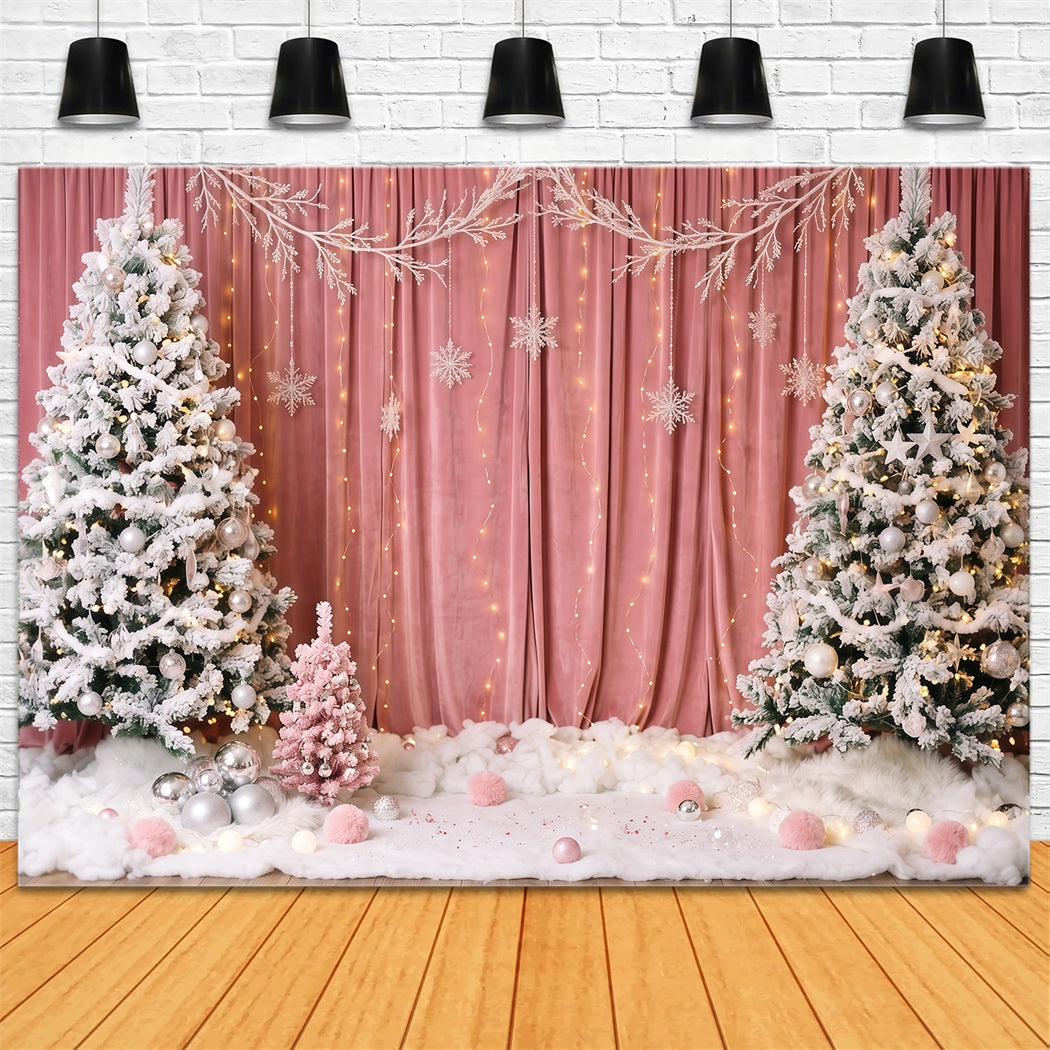Winter Christmas Backdrop Pink Curtain Snowy Tree Christmas Theme Backdrops UK RR610-147