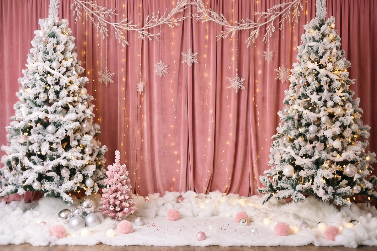 Winter Christmas Backdrop Pink Curtain Snowy Tree Christmas Theme Backdrops UK RR610-147