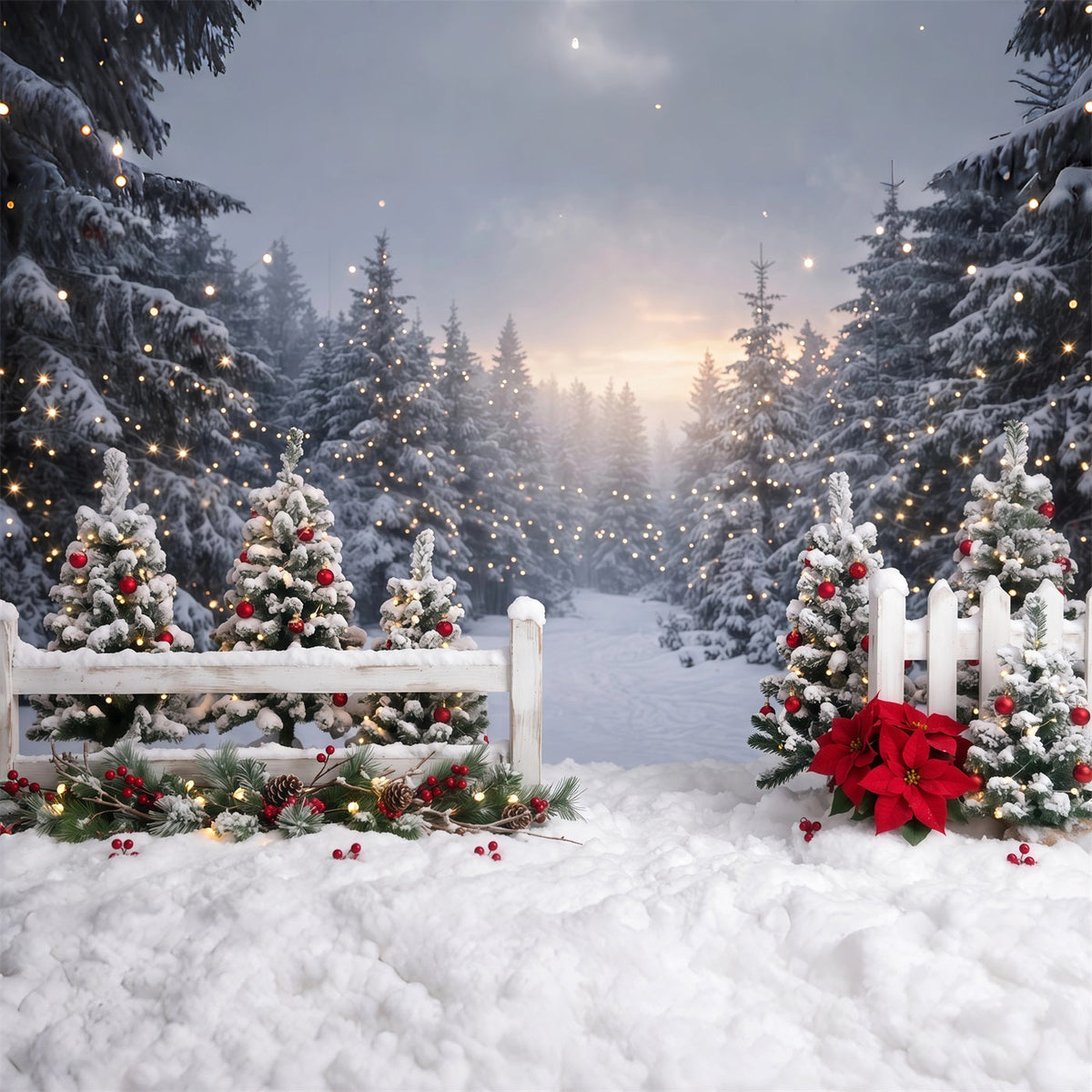 Christmas Tree Forest Backdrop Snowy Fence Poinsettia Path Xmas Backdrop for Photos UK RR610-150