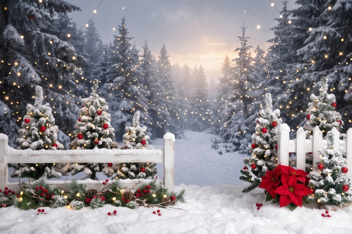 Christmas Tree Forest Backdrop Snowy Fence Poinsettia Path Xmas Backdrop for Photos UK RR610-150