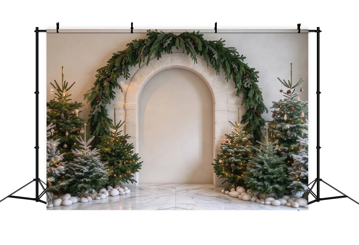 Photography Christmas Tree Backdrop Evergreen Garland Stone Arch Xmas Photo Backdrop UK RR610-151