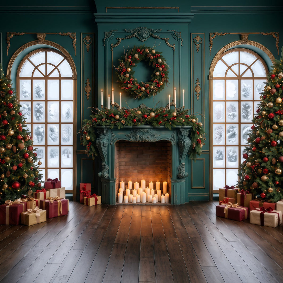 Living Room Christmas Backdrop Emerald Mantel Candlelight Christmas Card Backdrops UK RR610-154