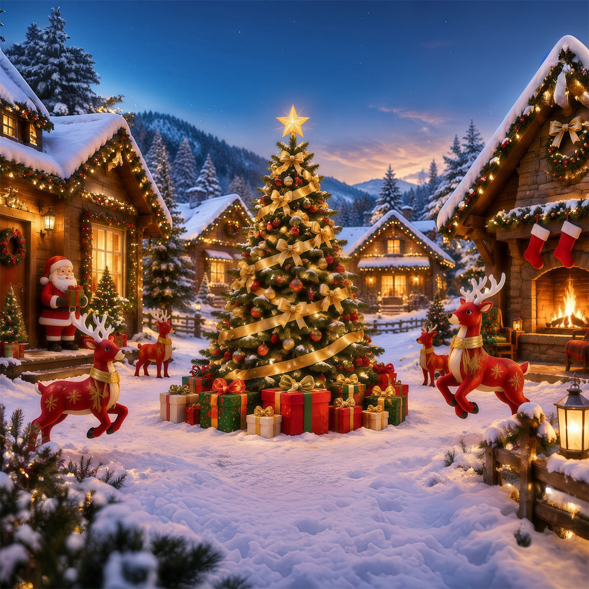 Retro Christmas Backdrop Golden Ribbon Snowy Village Reindeer Photo Backdrop UK RR610-156