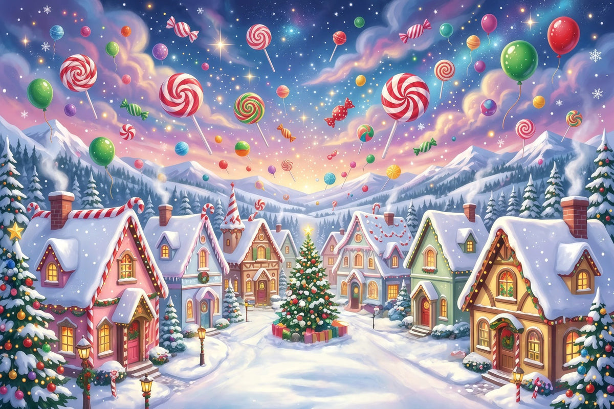 Candyland Christmas Backdrop Candy Lollipop Winter Village Photography Christmas Backdrop UK RR610-157