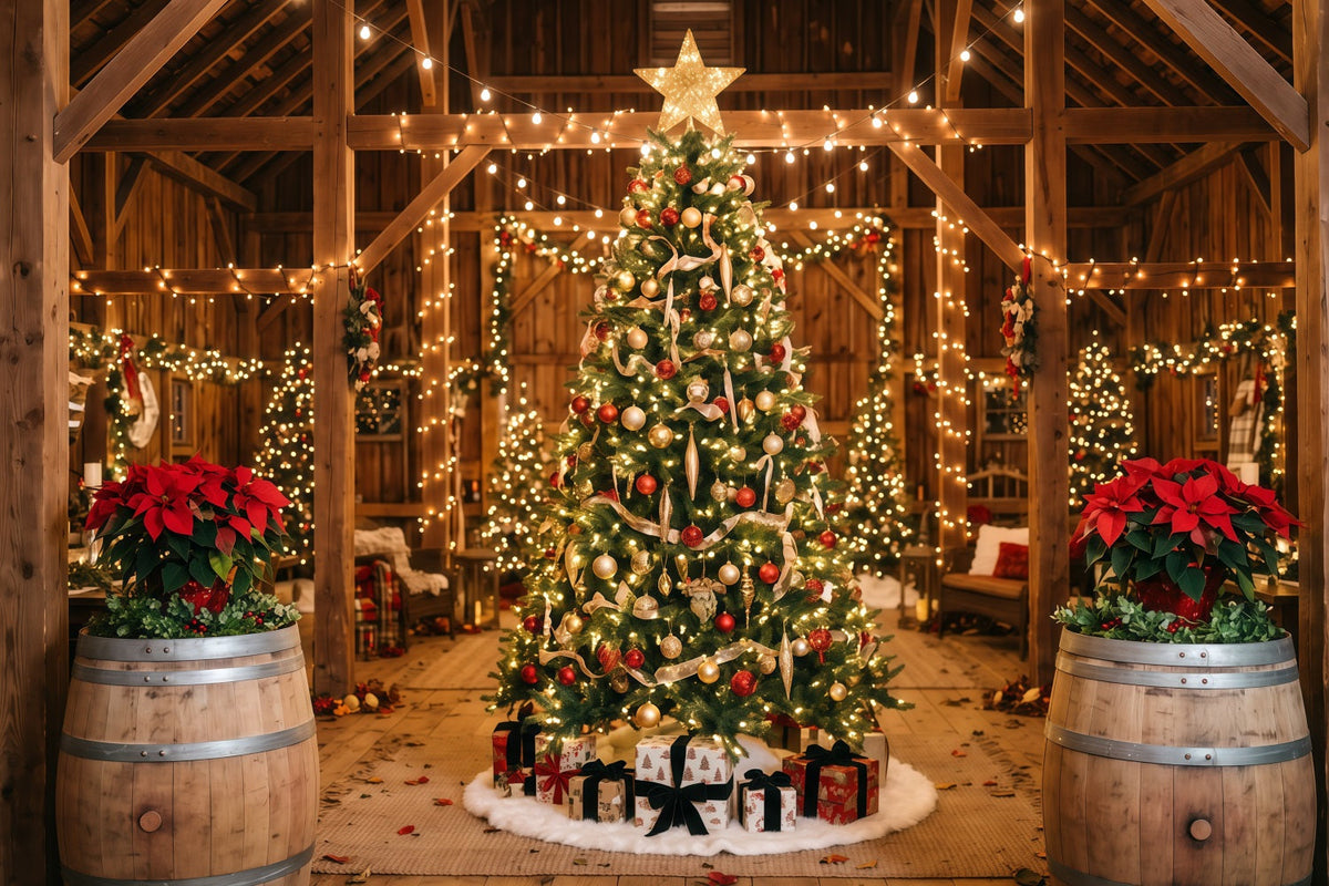 Christmas Lights Photo Backdrop Rustic Barn Tree Display Christmas Backdrop Pictures UK RR610-160