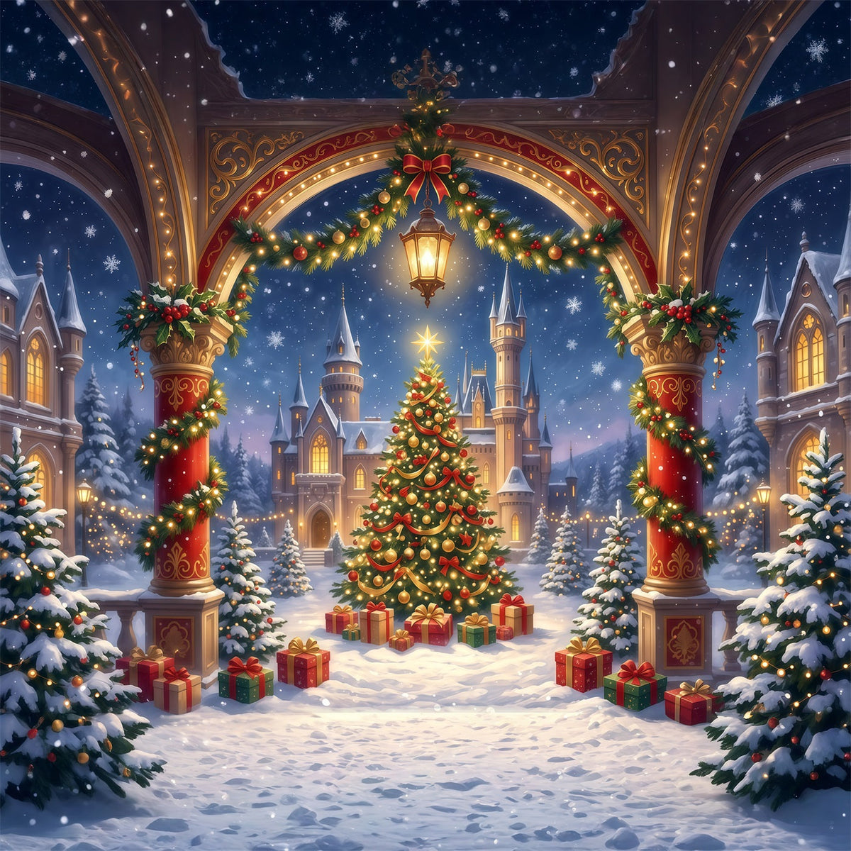 Christmas Arch Backdrop Gilded Castle Archway Christmas Party Picture Backdrop UK RR610-161