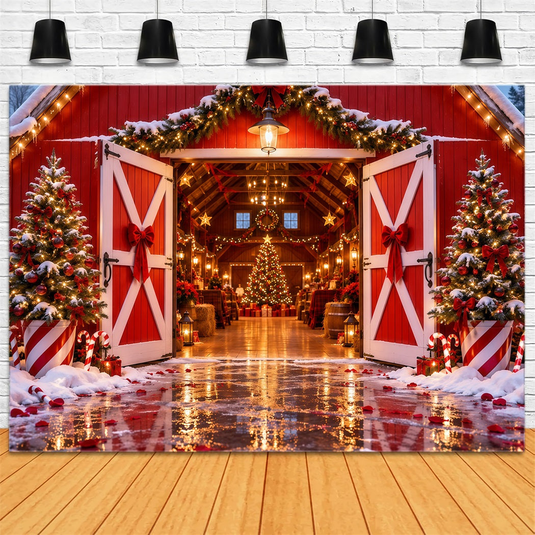 Christmas Tree Farm Backdrop Festive Red Barn Entrance Christmas Studio Backdrops UK RR610-163
