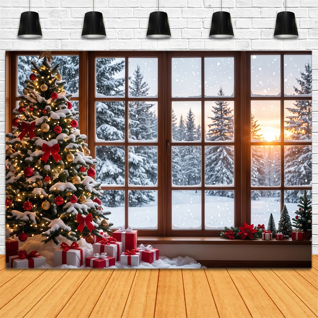 Christmas Forest Backdrop Snowy Window Tree Display Christmas Backdrop for Photo UK RR610-174