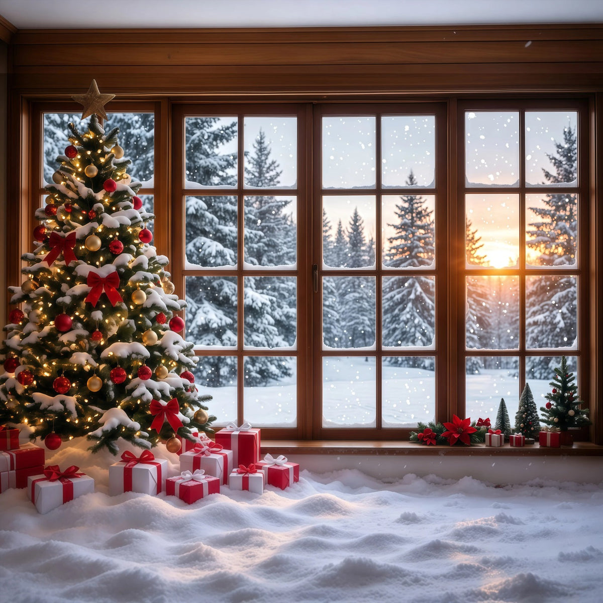 Christmas Forest Backdrop Snowy Window Tree Display Christmas Backdrop for Photo UK RR610-174