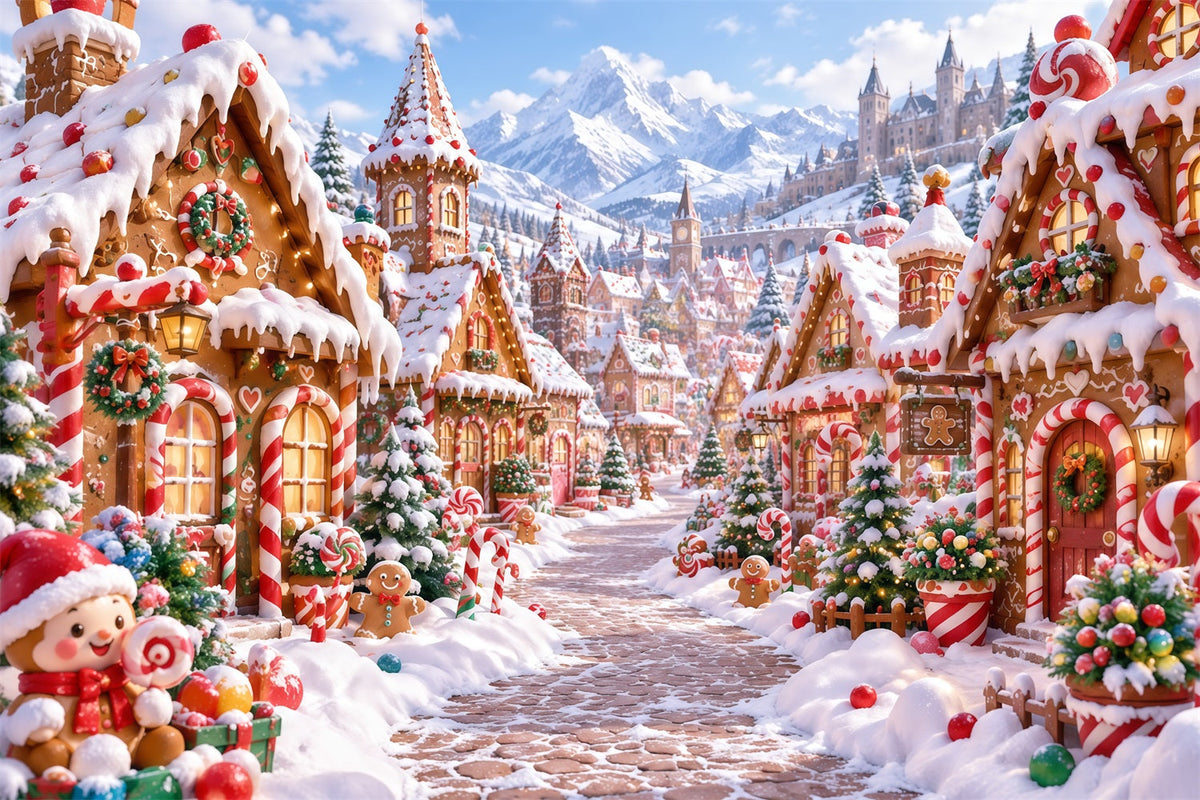 Christmas Gingerbread Backdrop Snowy Candy Mountain Village Christmas Backdrop Picture UK RR610-176