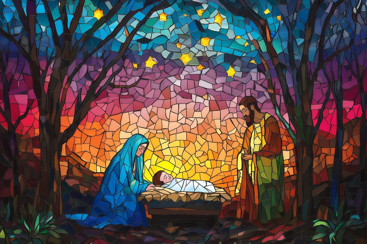 Nativity Scene Backdrop Stained Glass Starry Artwork Christmas Backdrop Sale UK RR610-178