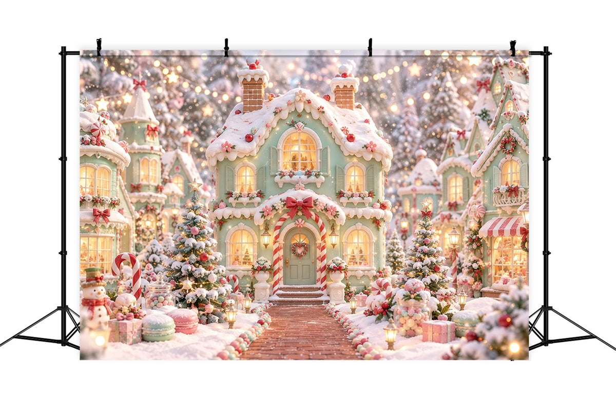Gingerbread House Photo Backdrop Pastel Candy Snowy Village Christmas Party Backdrop Ideas UK RR610-179