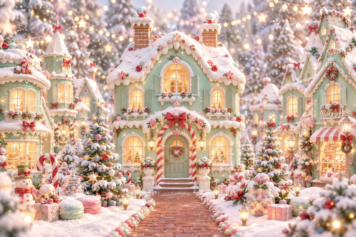 Gingerbread House Photo Backdrop Pastel Candy Snowy Village Christmas Party Backdrop Ideas UK RR610-179