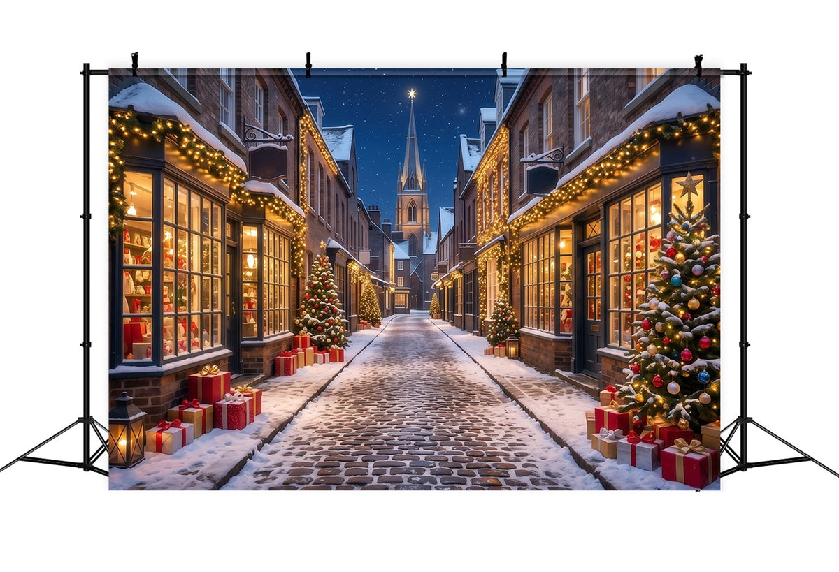 Christmas Village Backdrops Snowy Illuminated Shopping Street Backdrops for Christmas Photos UK RR610-180