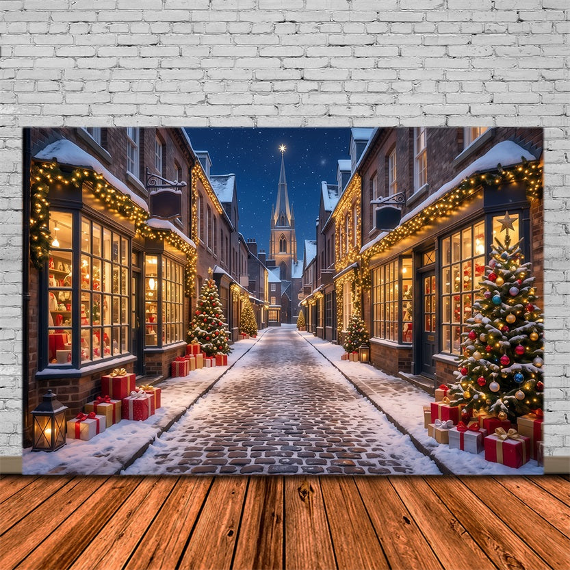 Christmas Village Backdrops Snowy Illuminated Shopping Street Backdrops for Christmas Photos UK RR610-180