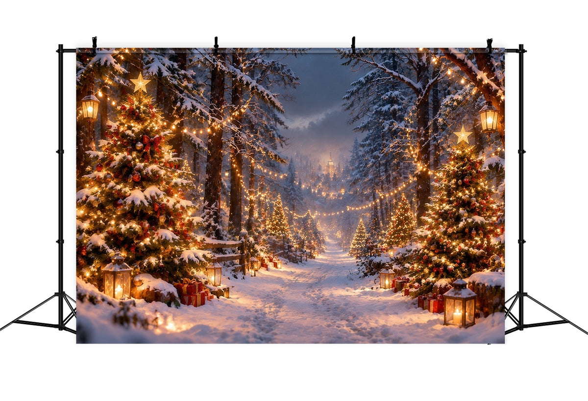 Christmas Tree Farm Photo Backdrop Snowy Glowing Forest Path Photography Backdrop Christmas UK RR610-181