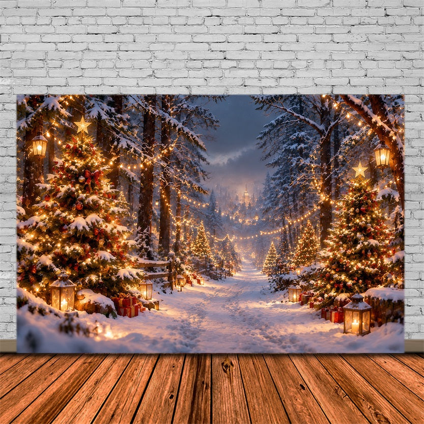 Christmas Tree Farm Photo Backdrop Snowy Glowing Forest Path Photography Backdrop Christmas UK RR610-181