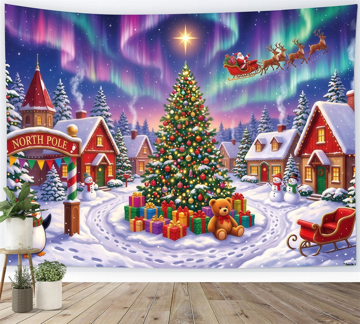 Santa Backdrops Photography Snowy Aurora North Pole Santa Village Backdrop UK RR610-22
