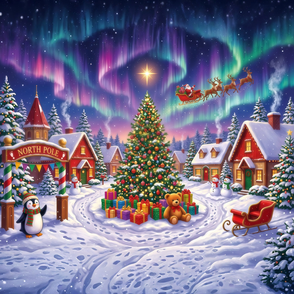 Santa Backdrops Photography Snowy Aurora North Pole Santa Village Backdrop UK RR610-22