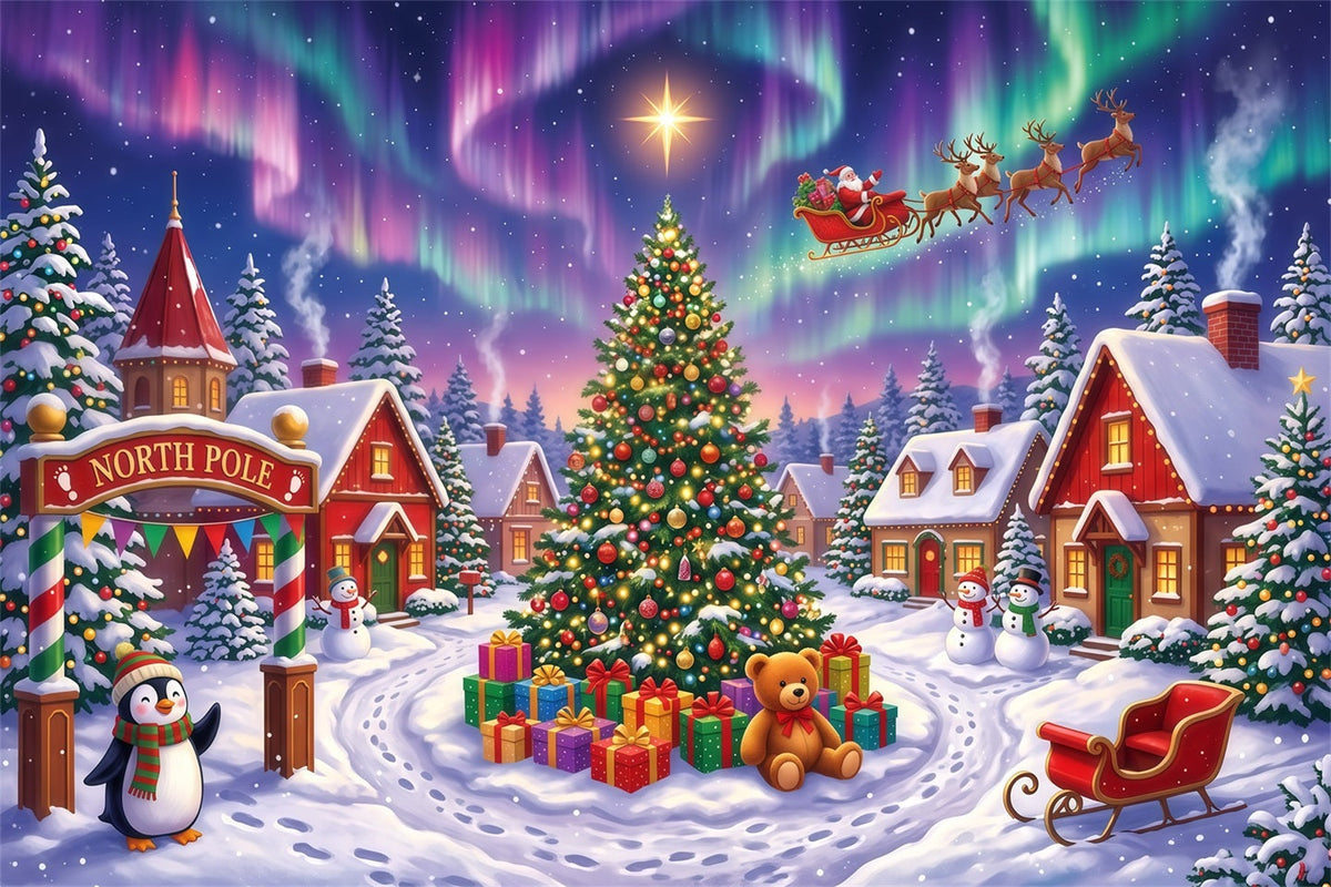 Santa Backdrops Photography Snowy Aurora North Pole Santa Village Backdrop UK RR610-22