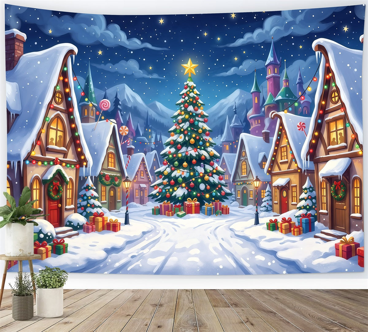 Christmas Village Photo Backdrop Snowy Candy Square Backdrops For Christmas Villages UK RR610-26