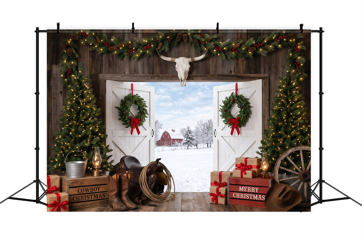 Background Christmas Backdrop Rustic Barn Entrance Cowboy Christmas Backdrop UK RR610-28