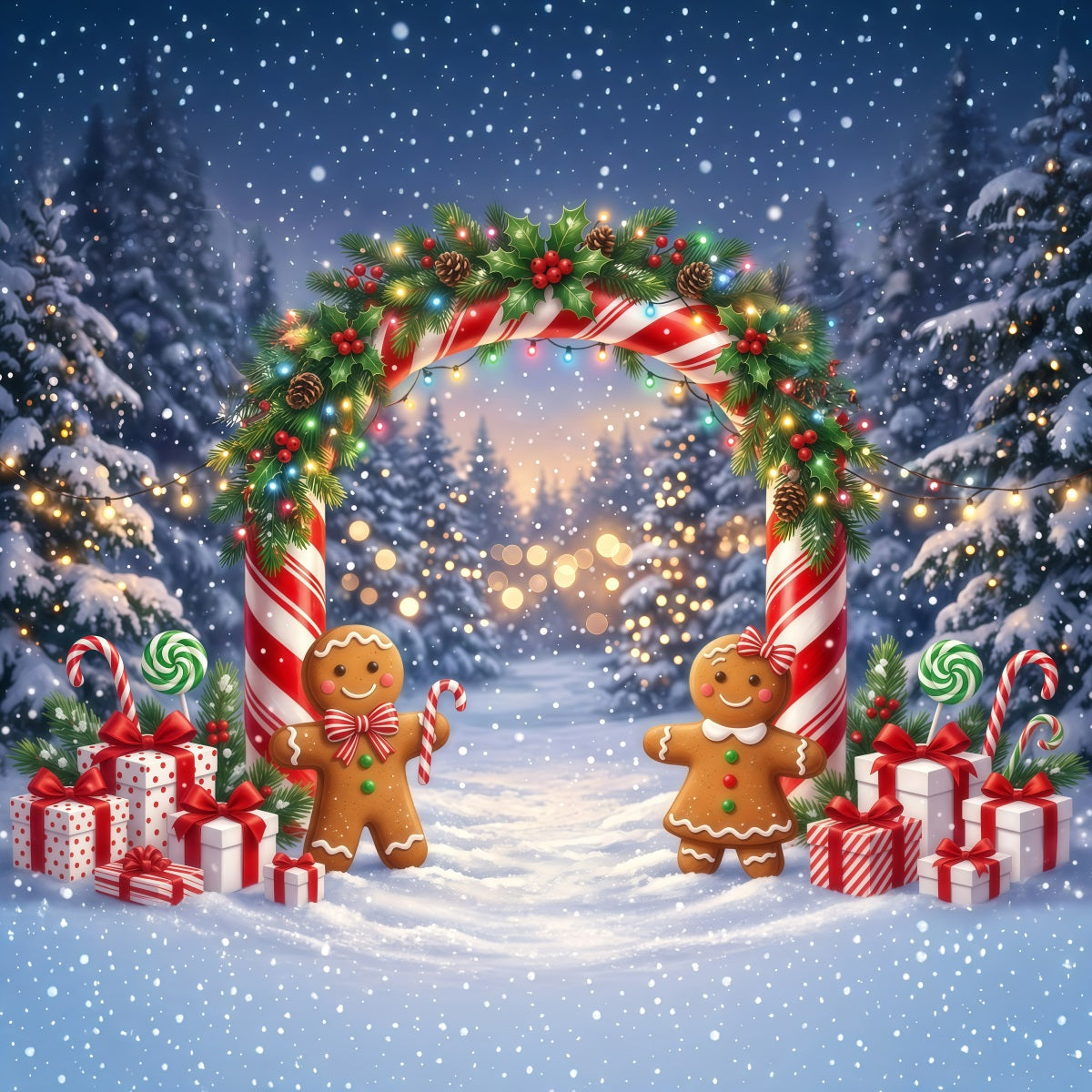 Gingerbread Backdrops Snowy Forest Night Bokeh Candy Cane Backdrop UK RR610-3