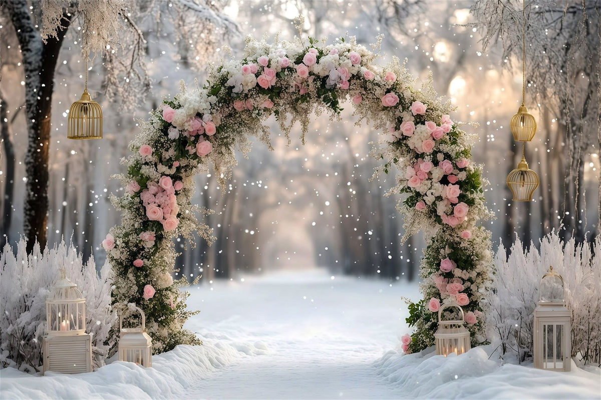 Beautiful Christmas Backdrop Pink Rose Snowy Arch 8x8 Christmas Backdrop UK RR610-30