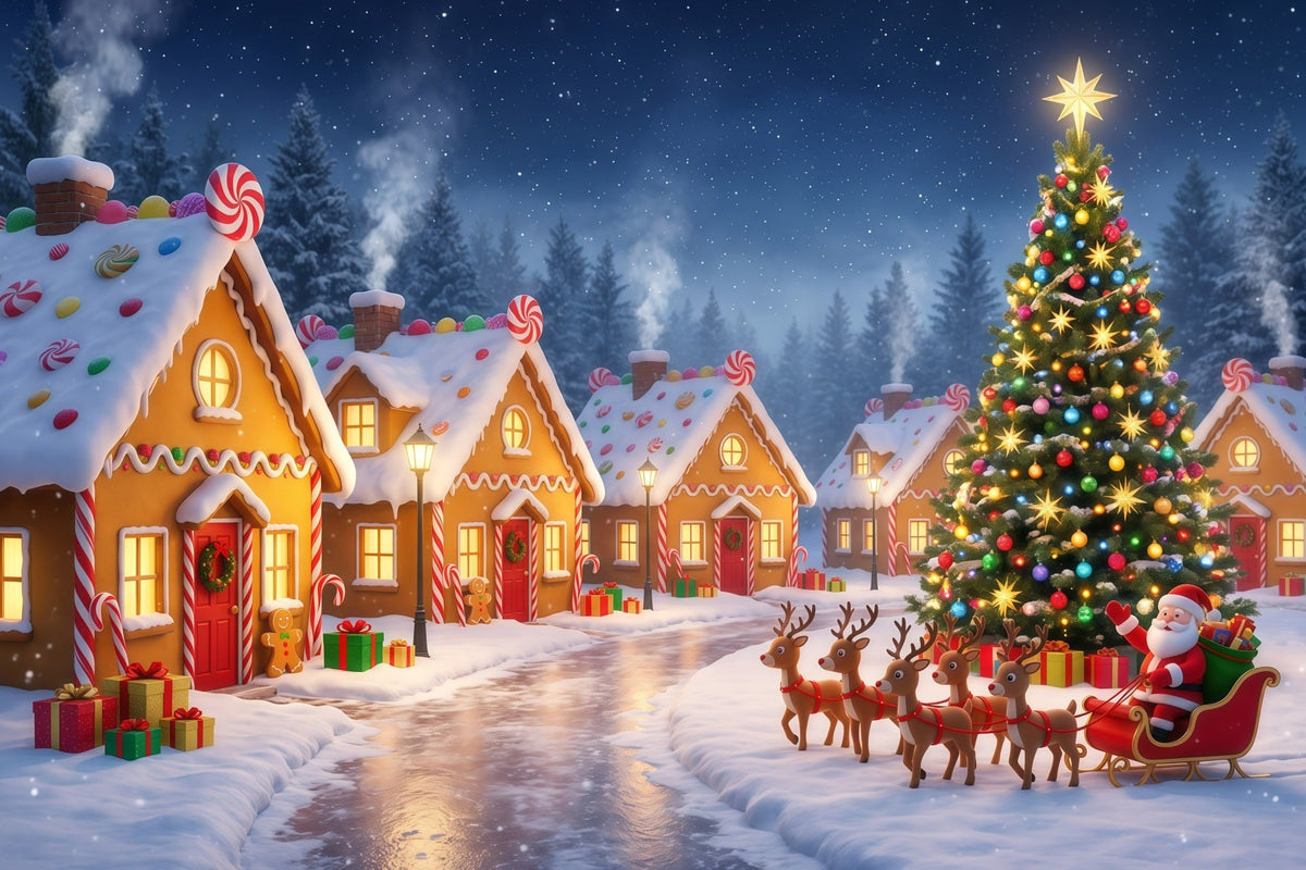 Santa's Village Backdrop Gingerbread Village Sleigh Ride Santa Pictures Backdrop UK RR610-31
